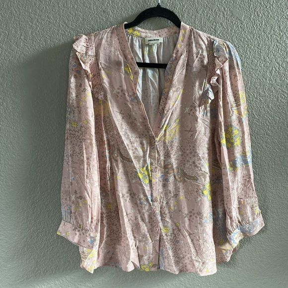 ZADIG & VOLTAIRE Tygg Print Glam Rock Shirt Pink Ruffle Blouse Large long sleeve - Picture 5 of 15